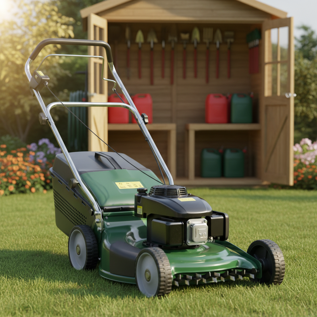 A meticulously maintained petrol lawn mower with a glossy green and black metal body, clean chrome handle, and sharp, well-defined blades visible beneath the deck. It is positioned on a neatly trimmed lawn in front of a small, organized garden shed filled with hanging tools and neatly stacked fuel cans. Soft late-morning natural light illuminates the mower from the side, creating subtle reflections on the painted surfaces and gentle shadows in the grass. Photographic realism with an eye-level composition and shallow depth of field, focusing crisply on the mower while the background sheds and garden blur softly, conveying professionalism, reliability, and precise machine care.