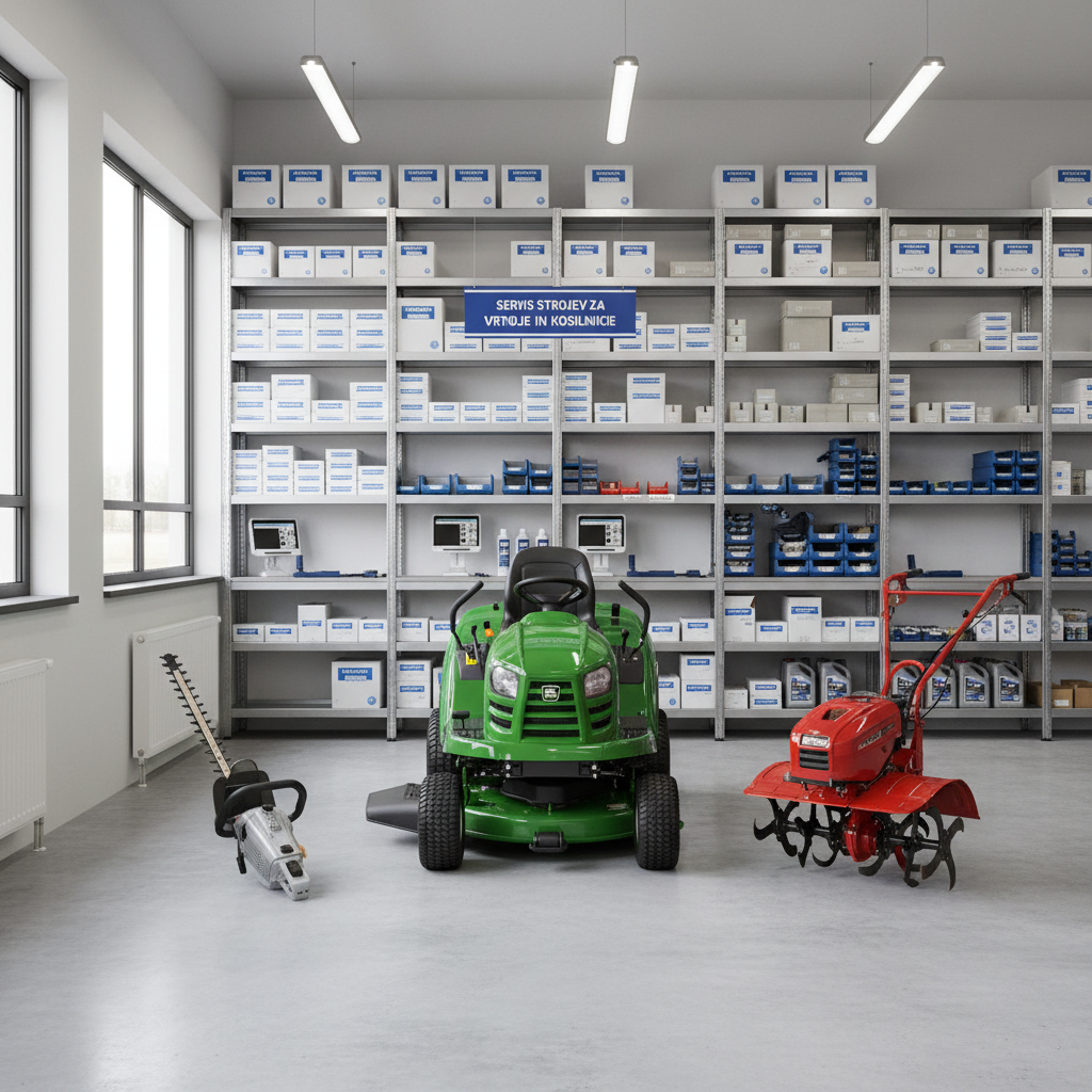 An array of garden machinery, including a compact ride-on mower, a robust petrol hedge trimmer, and a red tiller, all spotless and freshly serviced, standing on a clean concrete floor of a modern service bay. Behind them, tall steel shelving holds neatly labeled boxes of spare parts, oil containers, and diagnostic equipment. Large windows along one wall allow diffused daylight to mix with bright overhead lighting, resulting in soft, neutral illumination with minimal shadows. Photographed at eye level with a wide-angle composition and sharp focus, the scene feels professional, efficient, and reassuring, perfectly illustrating a comprehensive servis strojev for vrtnih strojev and kosilnic.