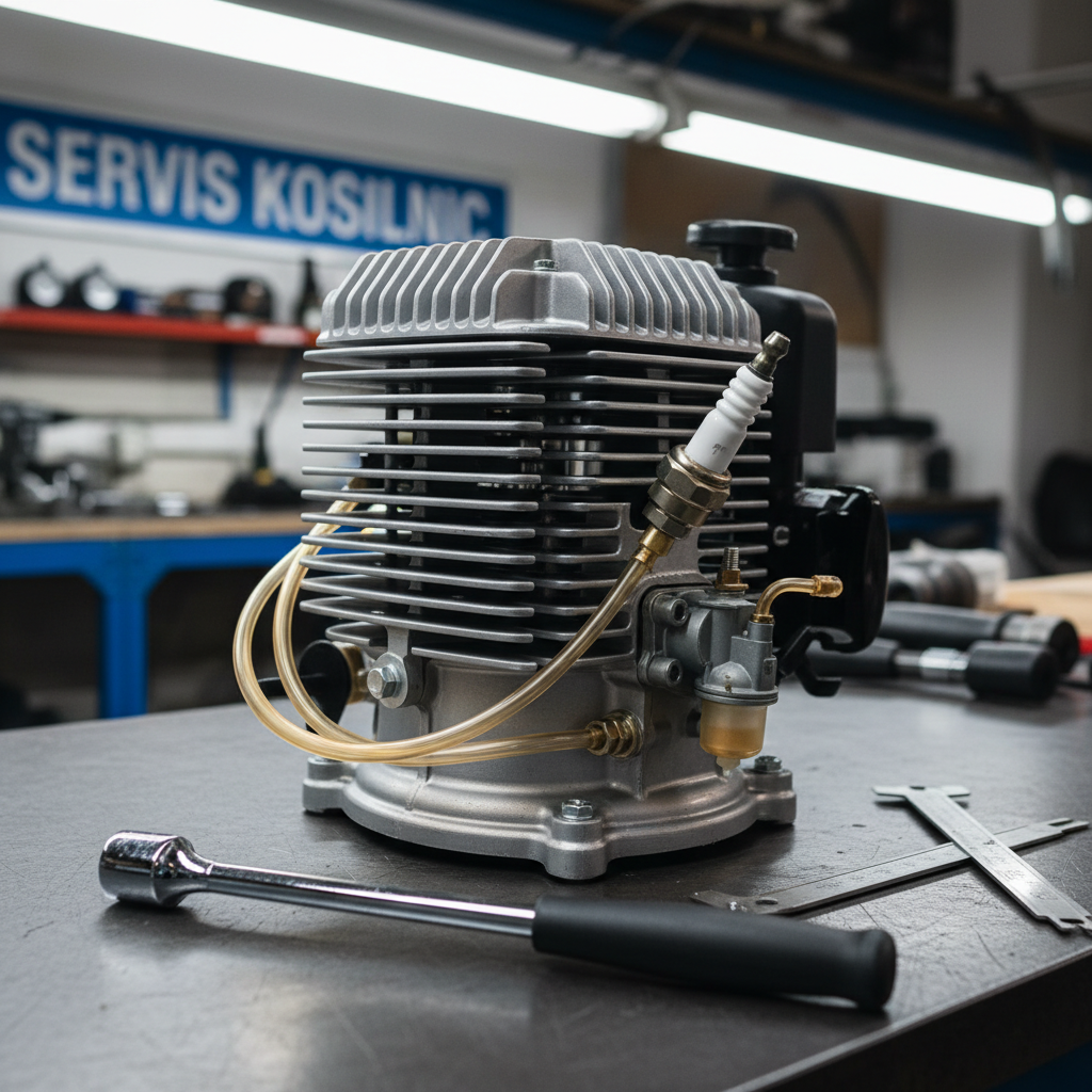 A close-up, highly detailed view of a clean lawn mower engine, showing the polished metal cylinder head, intricately ribbed cooling fins, fresh spark plug, and perfectly routed fuel lines. A small torque wrench and feeler gauge lie nearby on the smooth, dark workbench surface, hinting at precise adjustment and maintenance. Overhead workshop lighting provides bright yet soft illumination, creating subtle highlights on the metal surfaces and gentle shadows in the recesses of the engine. Captured in tight photographic realism with a shallow depth of field, the foreground components are in razor-sharp focus while the background fades into a soft blur, emphasizing technical precision and high-quality servis kosilnic.