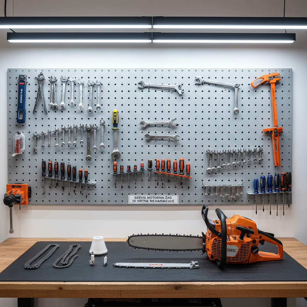 A sturdy workbench inside a bright, well-organized workshop, featuring a partially disassembled chainsaw laid out on a clean, rubber mat. Each component—chain, guide bar, spark plug, air filter, and metal housing—appears spotless and methodically arranged with precision. Behind the bench, a pegboard wall holds carefully aligned wrenches, screwdrivers, and specialized tools. Overhead LED workshop lighting casts even, cool white illumination, eliminating harsh shadows and highlighting metallic textures and orange plastic casings. Captured in photographic realism from a slightly elevated angle with sharp focus throughout, the image conveys technical expertise, orderliness, and a professional service environment for motornih žag and garden machinery.