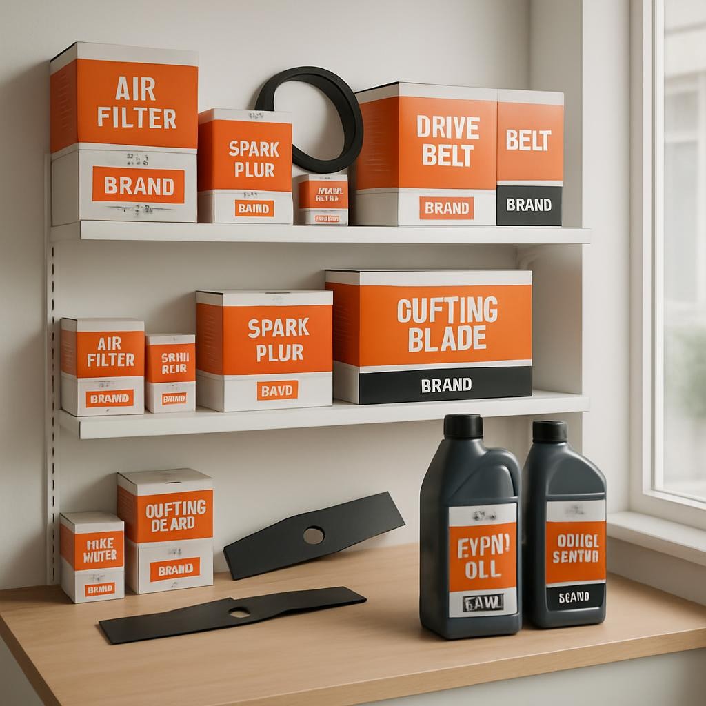 A neatly arranged display of branded spare parts and maintenance consumables for garden machinery, including air filters, spark plugs, drive belts, cutting blades, and bottles of high-quality engine oil and chain lubricant. They are organized on white shelving and a light wooden counter within a clean, modern showroom corner, with small printed labels visible on each package. Large front windows admit soft, diffused daylight that gently illuminates the packaging and creates a calm, professional atmosphere. Shot in photographic realism from a straight-on perspective with balanced composition and clear detail, the image communicates trust, readiness, and comprehensive support for servis kosilnic, motornih žag, and vrtnih strojev.